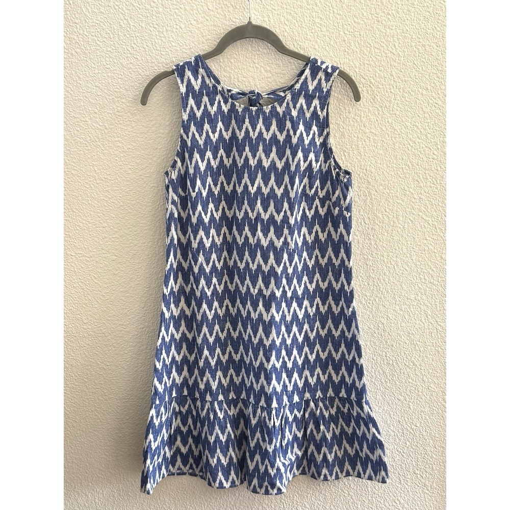J Crew Bowback Ikat Blue Print Dress LINEN Vacation Summer‎ Boho Tribal Sz XS